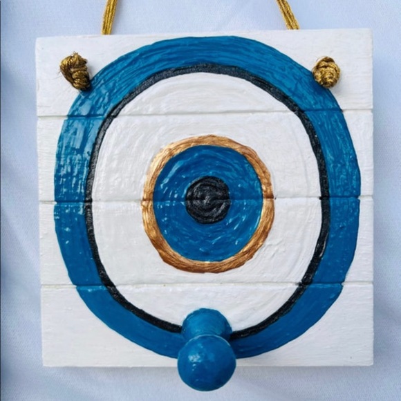 Deep Blue & Metallic Gold Evil Eye Painting on Wood Block with Knob & Gold Rope - Picture 4 of 7